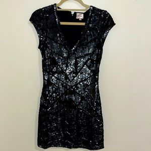 Parker Black Full Sequin V Neck Back Zip Mini Dress Size XS Holiday Party Dress